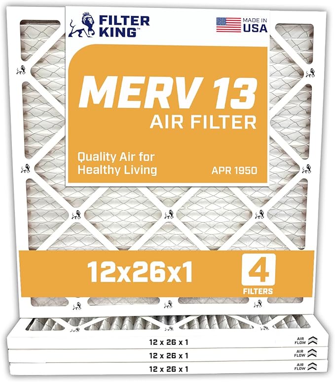 Filter King 12x26x1 Air Filter | 4-PACK | MERV 13 HVAC Pleated A/C Furnace Filters | MADE IN USA | Actual Size: 11.5 x 25.5 x .75"