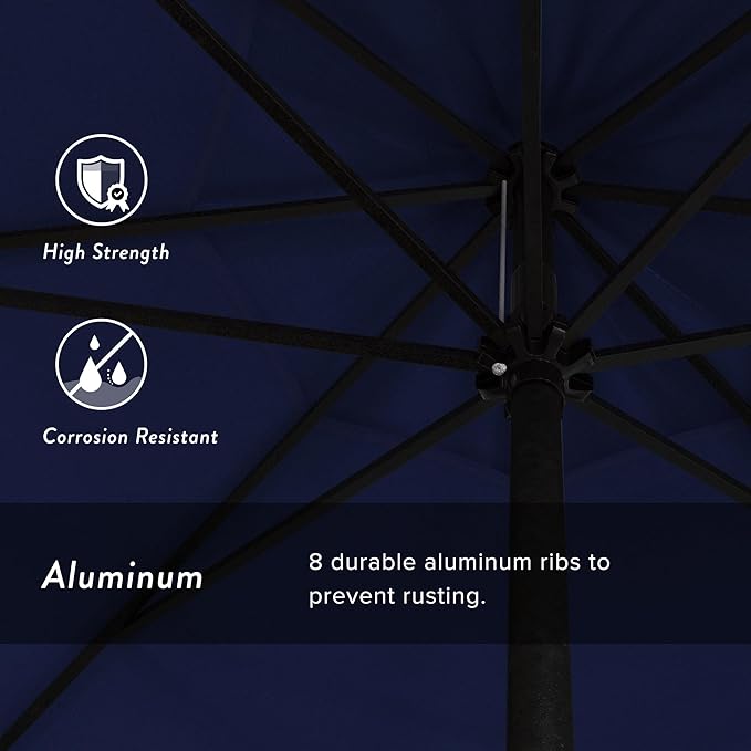 California Umbrella 9' Rd Aluminum Patio Umbrella, Crank Lift, Auto Tilt, Black Finish, Sunbrella True Blue