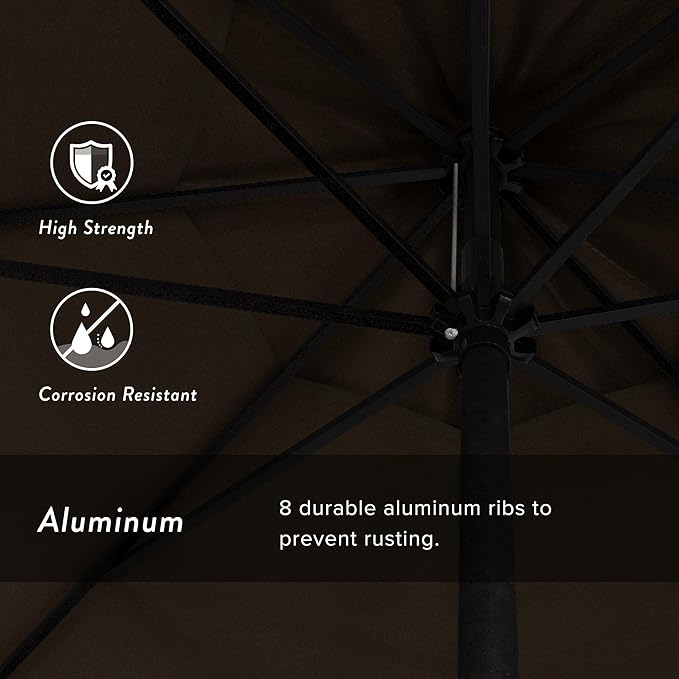 California Umbrella 9' Rd Aluminum Patio Umbrella, Crank Lift, Auto Tilt, Black Finish, Sunbrella Cocoa