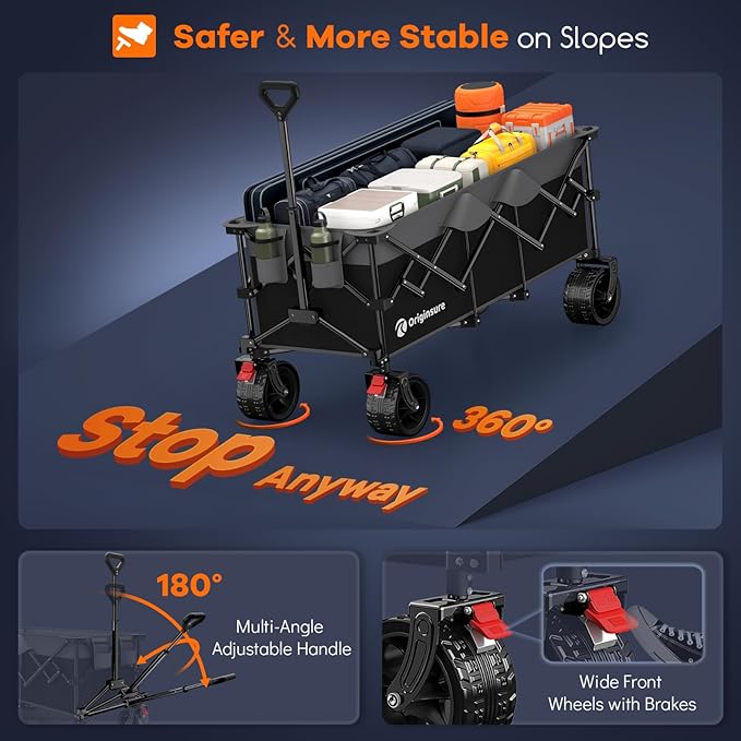 48" L Collapsible Wagon Cart Foldable, 560lbs Weight Capacity 300L Heavy Duty Folding Beach Wagons with Big All-Terrain Wheels, Utility Carts for Groceries, Shopping, Camping, Sports - Grey&Black