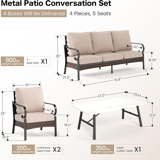 SUNSHINE VALLEY 4 Piece Metal Outdoor Patio Furniture Set, Patio Conversation Sets 1 3-Seater Sofa, 2 Chairs with 5.75" Extra Thick Cushion and Coffee Table, Black Frame Backyard Furniture, Beige