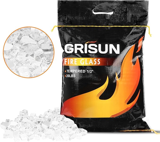 GRISUN 20 Pounds White Fire Pit Glass - 1/2 Inch Reflective Tempered Fire Glass Rocks for Natural or Propane Fireplace, Safe for Outdoors and Indoors Firepit, High Luster
