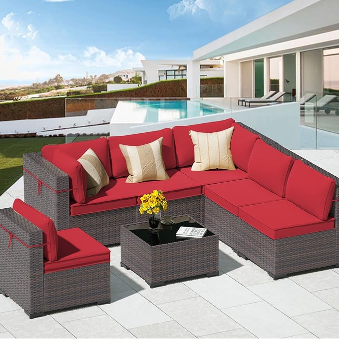 Outdoor Patio Furniture Set, 7 Pieces Outdoor Sectional Furniture Patio Sofa, All-Weather PE Rattan Patio Conversation Set with Tempered Glass Top Table & Cushions(Red).