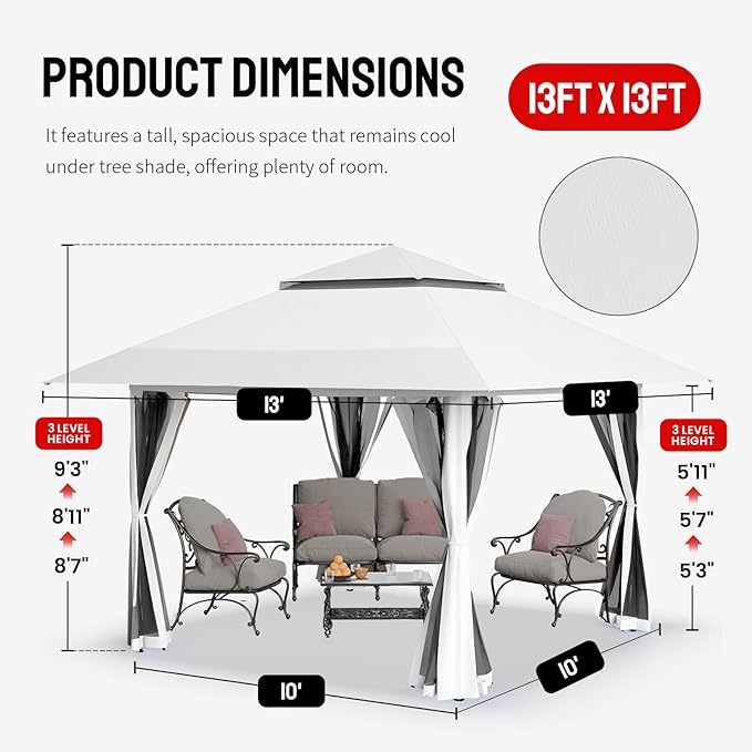 CROWN SHADES 13x13 Pop Up Gazebo, Canopy Tent, Gazebos on Clearance - Outdoor Gazebo for Backyard & Patio Furniture - Carpa Pop Up Tent with Wheeled STO-N-Go Cover Bag (White)