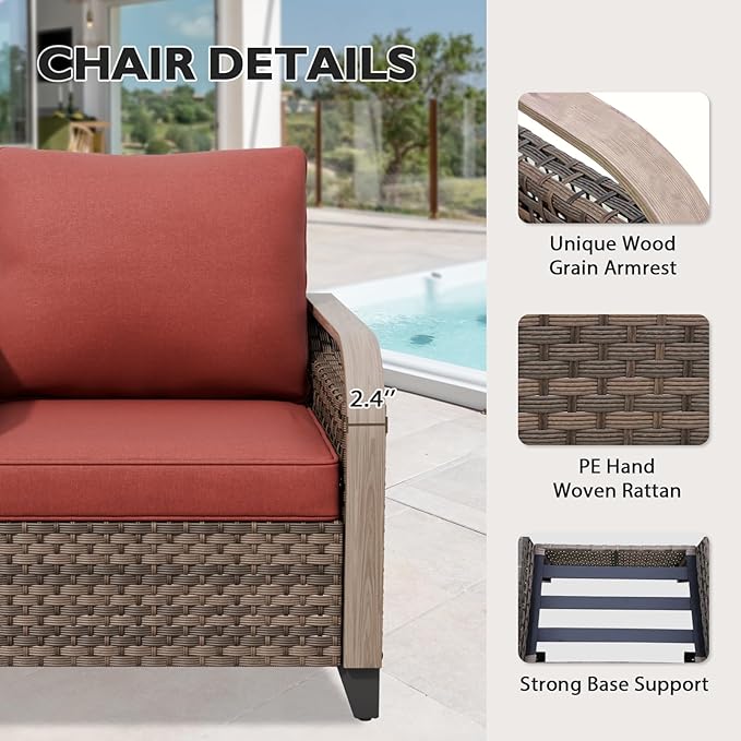EAGLE PEAK Modern Wicker Outdoor Chair, Patio Chair Curved Armrest, Rattan Patio Furniture for Yard Deck Porch Garden, 1 Chair, Brown/Red