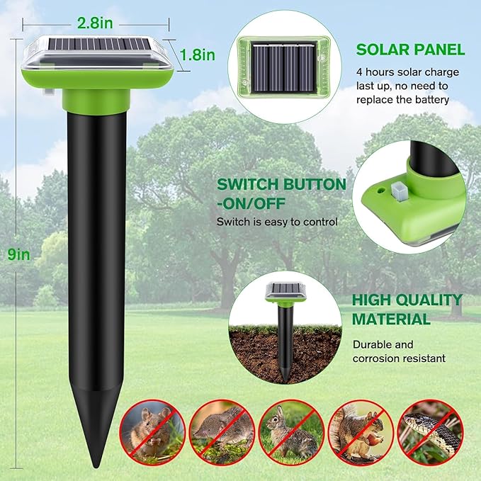 Ultrasonic Mole Repellent Outdoor, 6 Pack Gopher Repellent Solar-Powered for Lawn Yard and Garden, Waterproof Mole Killer Traps, Effectively Repels Gopher Vole Groundhog Snake, Green