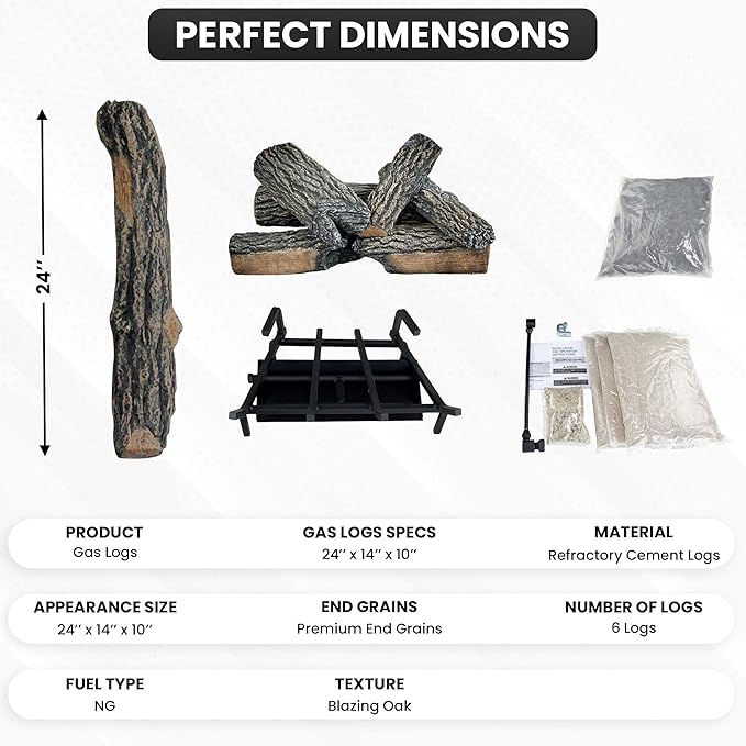 24" Premium Gas Logs - Match Light Kit Included - for Natural Gas Vented Fireplaces - Blazing Oak Design (Logs + Match Light Kit)