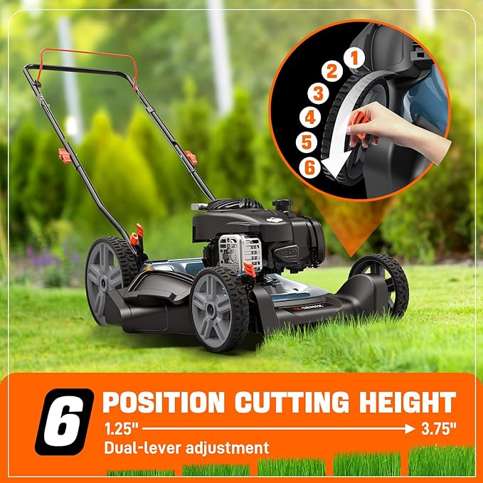 SENIX LSPG-M4 21-Inch Gas Push Lawn Mower with 125 cc 4-Cycle Briggs & Stratton Engine, Mulching and Side Discharge, 6-Position Dual Lever Height Adjustment