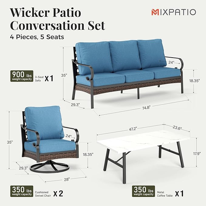 Patio Furniture Set with Coffee Table, Outdoor Conversation Set with 2 x Swivel Chairs, 1 x 3-Seat Sofa for Lawn Garden Backyard, Navy Blue