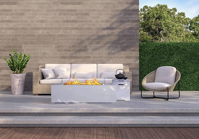 Bluegrass Living 42 Inch x 15 Inch Rectangular MGO Propane Fire Pit Table with Side Table Tank Storage, Glass Wind Guard, Crystal Glass Beads, Fabric Cover - Model# DFT42R-CG