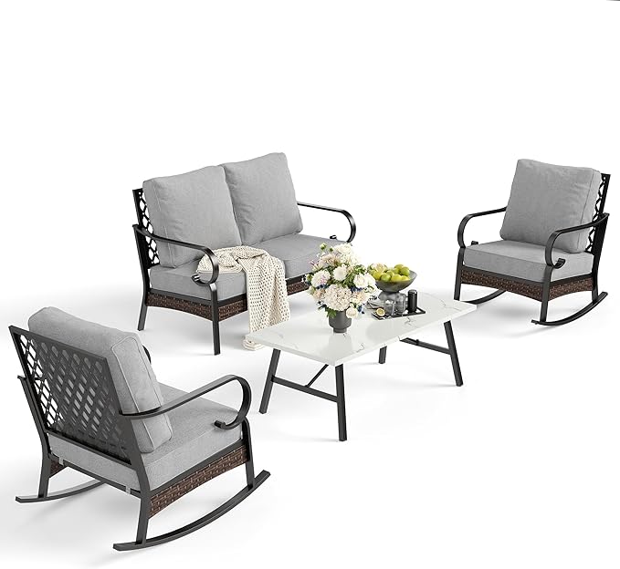 SUNSHINE VALLEY 4 Piece Metal Outdoor Patio Furniture Sets, Patio Conversation Sets 1 Loveseat, 2 Rocking Sofa with 5.75" Extra Thick Cushion & Coffee Table, Balck Frame Backyard Furniture, Light Gray