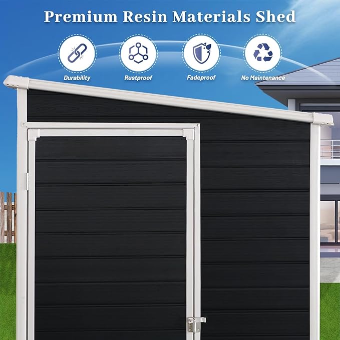 4‘x8’ Lean to Shed, Resin Storage Sheds Outdoor with Floor Included, Plastic Sheds & Outdoor Storage Clearance with 2 Windows, Backyard Storage Sheds for Garden Tools, Bicycle