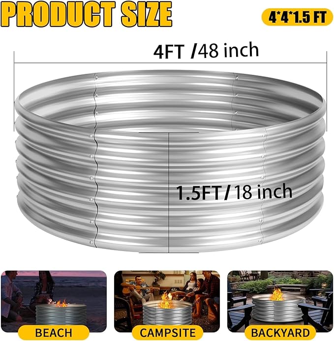 48 inch Fire Pit Ring, 4FT Galvanized Fire Ring, Wood Burning Fire Pits Ring, Outdoor Fireplace Height 18 Inch, Round Camp Fire Ring, Bonfire Pit for Camping, Backyard (4x4x1.5FT)