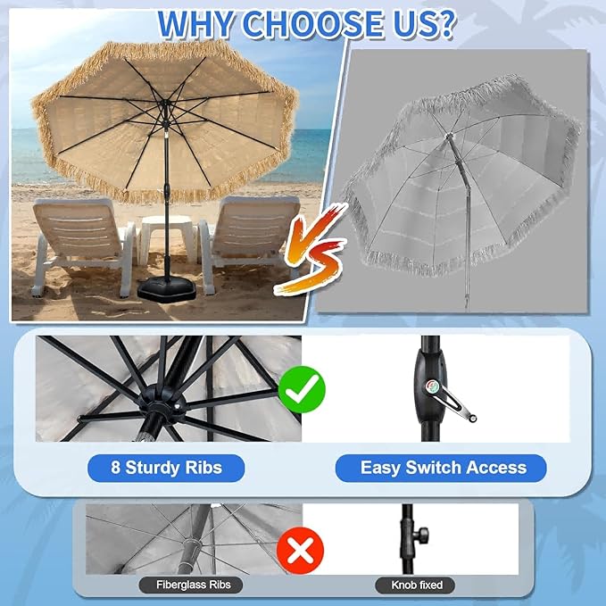 8FT Tiki Umbrella, Beach Umbrella UV-Stability, Outdoor Patio Umbrella Hawaiian Style 8 large Ribs, Thatched umbrellas with Push Button Tilt and Crank Lift for Tiki Bar, Pool, Beach, Natural