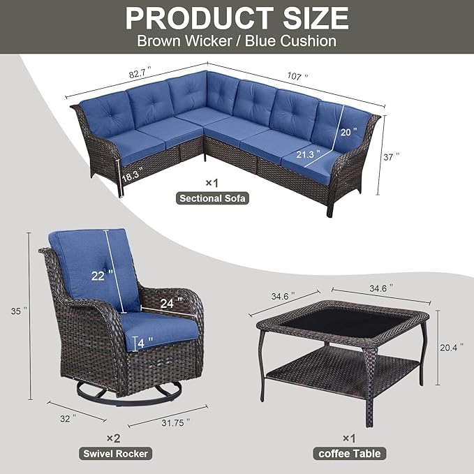 Belord Outdoor Furniture Sectional Sofa L Shaped Couch - Patio Wicker Set with 2 Swivel Glider Chairs, 5 Piece Rattan Patio Conversation Sets with Blue Cushion for Deck Backyard Sunroom