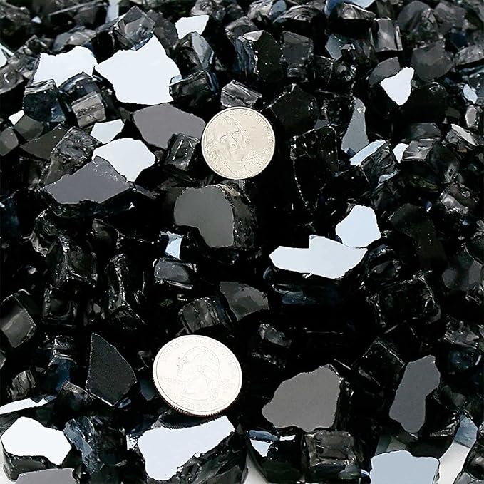 GRISUN Onyx Black Fire Glass for Fire Pit, 20 Pounds 1/2 Inch High Luster Reflective Tempered Glass Rocks for Natural or Propane Fireplace, Safe for Outdoors and Indoors Firepit Glass