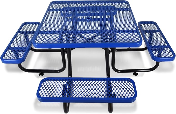 KUFUH 46" Square Metal Picnic Table for 4-8 Person, Durable Heavy Duty Commercial Picnic Table with Umbrella Hole for Outdoor Coffee Shop, School, Hospital, Easy to Install, Blue