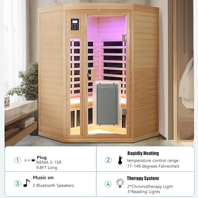2-3 Person Infrared Sauna, 0-5mg Low EMF Infrared Saunas for Home, Indoor Home Sauna Spa, Hemlock Wooden Corner Sauna Room, Bluetooth Speakers, Chromotherapy Lights