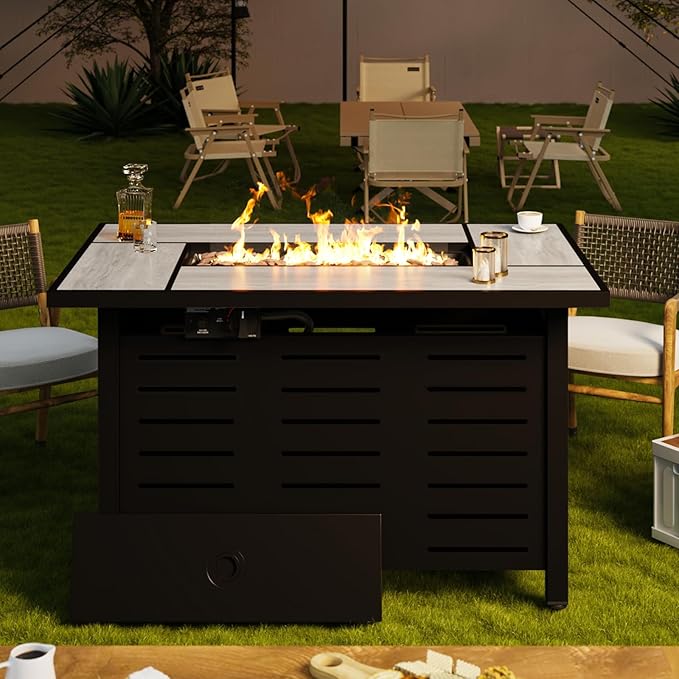 42" Outdoor Propane Fire Pit Table Ceramic Top & Lava Rocks,60000 BTU Rectangle Patio Heater Waterproof Lid Gas Fire Pits for Outside Patio Black