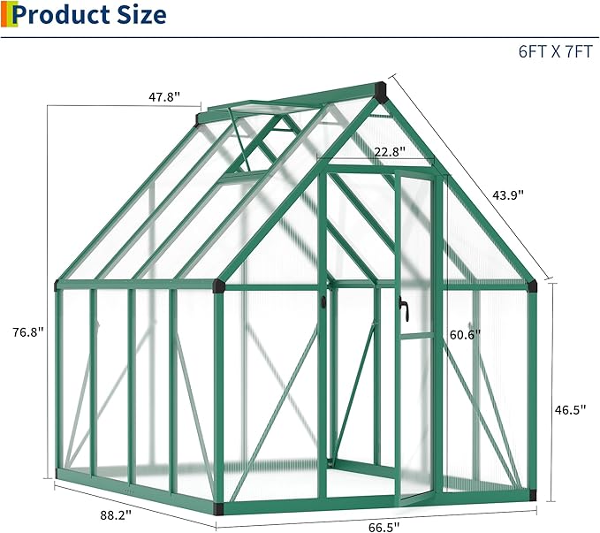6 x 7 ft Greenhouse, Polycarbonate Walk-in Greenhouse with Aluminum Frame, Adjustable Roof Vent and Lockable Door, Easy Assembly, Green Houses for Outside, Garden, Backyard and Patio