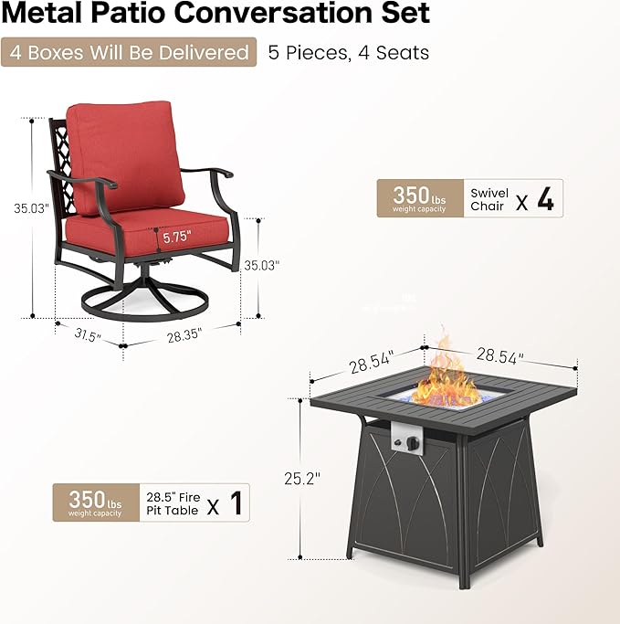 SUNSHINE VALLEY 5 Piece Metal Outdoor Patio Furniture Set with Fire Pit Table, Patio Conversation Sets 4 Swivel Chairs with 5.75" Thick Cushion and 5000 BTU Fire Pit Table, Backyard Furniture, Red