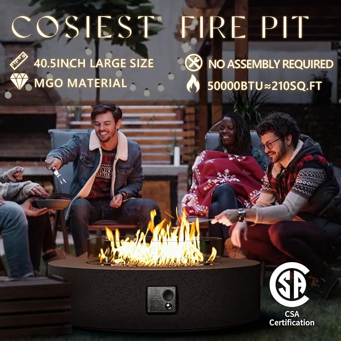 COSIEST 42 inch Outdoor Propane Fire Pit Coffee Table w Concrete Round Base Patio Heater, Certified, 50,000 BTU Stainless Steel Burner, Free Lava Rocks, Wind Guard, Rain Cover