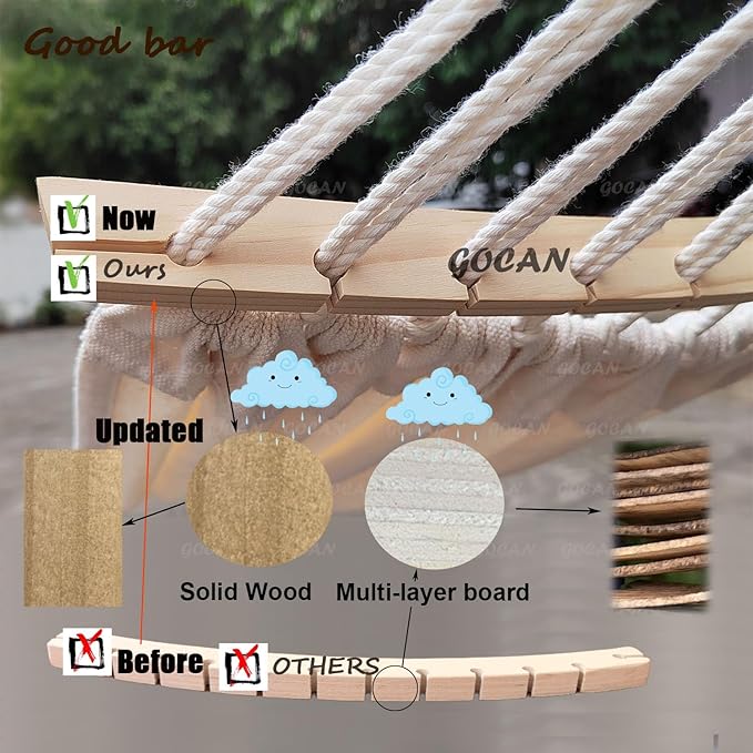 GOCAN Double Hammock 2 Person Large 220x150cm with Steel Stand and Removable Spreader bar Load 500lb, Canvas Cotton Hammocks for Patio Porch Garden Backyard Outdoor and Indoor
