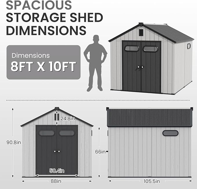 CRESTLIVE 8x10 FT Rust-Resistant Plastic Outdoor Storage Shed, Waterproof Resin Garden Shed with Floor, Doors, Skylight & Vent for Lawn Tools & Bikes