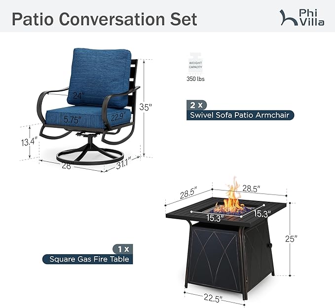PHI VILLA 5 Piece Patio Furniture Set with 28" Firepit Table, 4 Outdoor 5.75" Cushioned Metal Frame Swivel Sofa Chairs & 28" Gas Firepit Table, Outside Furniture Set for Lawn Garden(Peacock Blue)