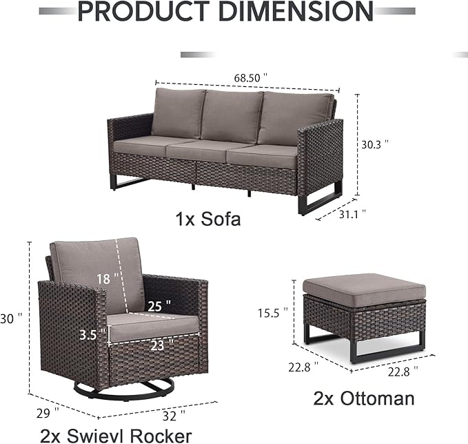 5 Piece Wicker Patio Furniture Set - Outdoor Swivel Rocker Chairs Set with 3 Seat Sofa and Ottomans, Small Patio Conversation Sets Proch Furniture for Balcony Deck - Brown/Grey