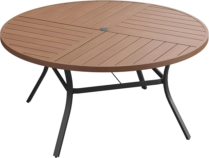 VICLLAX Round Patio Dining Table, 8-10 Person Metal Outdoor Dining Table with Umbrella Hole and Storage Shelf for Garden Lawn Deck, 60" Walnut