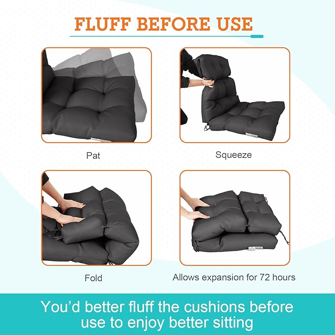 EAGLE PEAK Tufted Outdoor/Indoor High Back Patio Chair Cushions, Set of 2, 46'' x 22'', Black