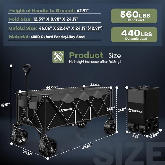 300L Extra Large Wagons Carts Foldable, 560LBS Heavy Duty Collapsible Beach Wagon 48" Long with Big All-Terrain Wheels, Utility Folding Cart for Camping, Grocery, Sports, Garden, Grey & Black