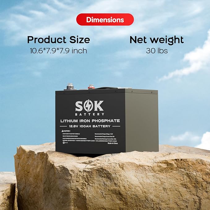 SOK Battery 100Ah 12V LiFePO4 Battery Deep Cycle Lithium Iron Phosphate Battery 12 Volt with Low Temp Protection, 100A BMS Ideal for RV, Solar, Wind, and Off-Grid Use
