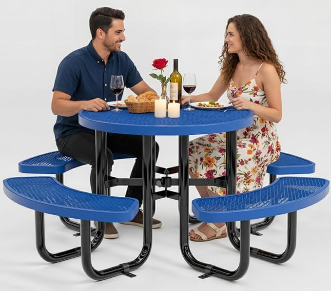 OUTTANS Metal Picnic Tables for Outdoors with Umbrella Hole - Coated Steel Heavy Duty Commercial Grade Furniture Set with Adjustable Seats (Blue, 38 in, Round, Expanded Steel)