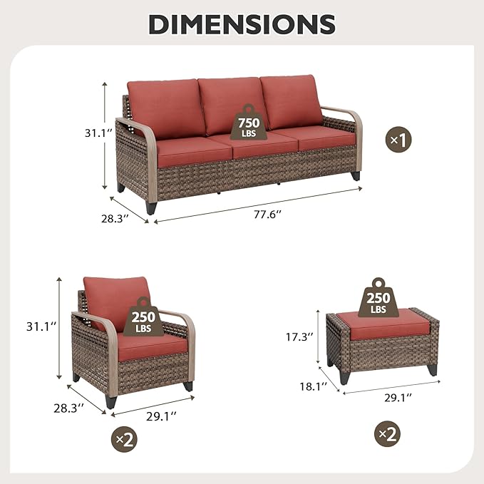 EAGLE PEAK Modern Wicker Outdoor Patio Furniture Set, Patio Conversation Set, 2 Chairs, 3-Seat Loveseat and 2 Ottomans, 5 Pieces, Brown/Red