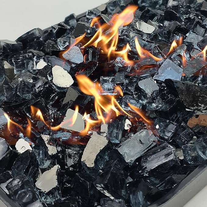 Fire Glass for Propane Fire Pit, 1/2 Inch High Reflective Fireplace Glass Rocks for Fire Pit Table, Fire Pit Glass Rocks for Outdoor Fire Table and Landscaping, 5 lbs, Black Reflective