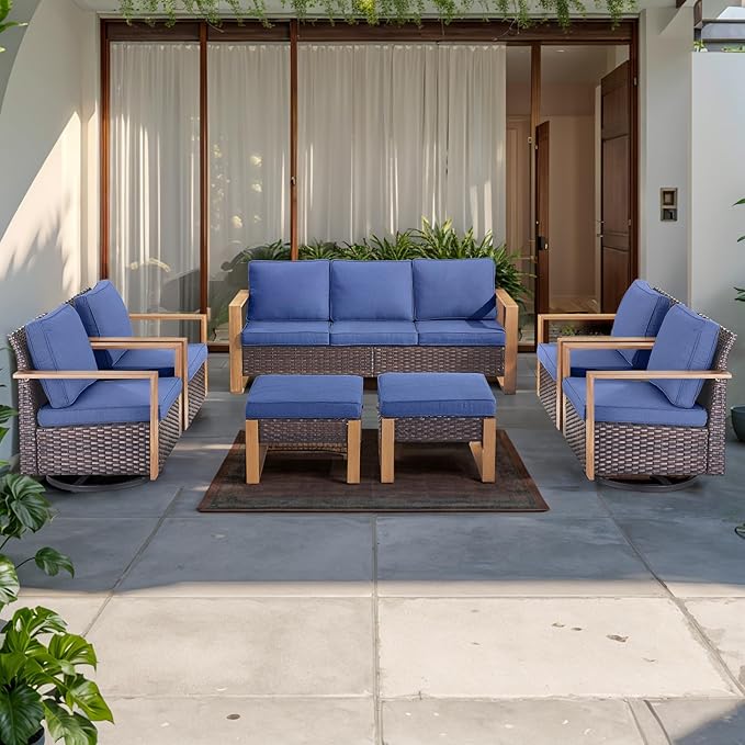 Rilyson Outdoor Wicker Patio Furniture Set - 7 Piece Patio Conversation Set with 4 Wicker Swivel Rocker Chairs,2 Rattan Ottoman and 1 Couch,Thick Cushions,Deep Seating,Wide Armrest(Brown/Blue)