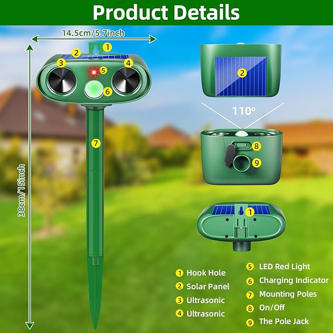 2 Pack Solar Ultrasonic Cat Repellent Outdoor, Waterproof Solar Animal Repellent for Garden, Ultrasonic Deer Deterrent Devices for Yard Lawn to Scare Rabbit, Dog, Squirre, Raccoon, Skunk (2)