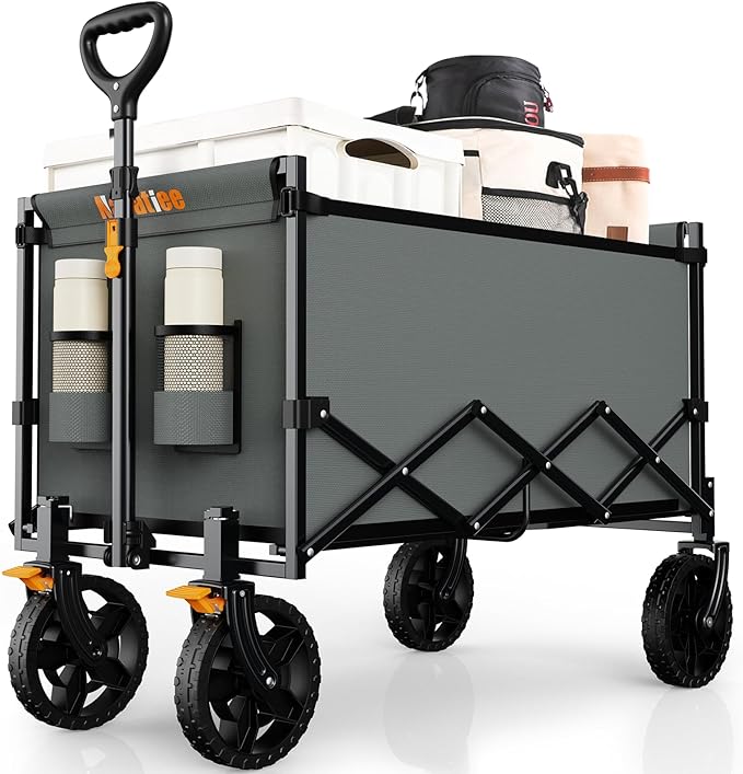 Navatiee 140L Wagon Cart Foldable, Large Capacity Collapsible Wagon with Smallest Folding Design, Utility Grocery Cart for Camping Shopping Sports, Gray