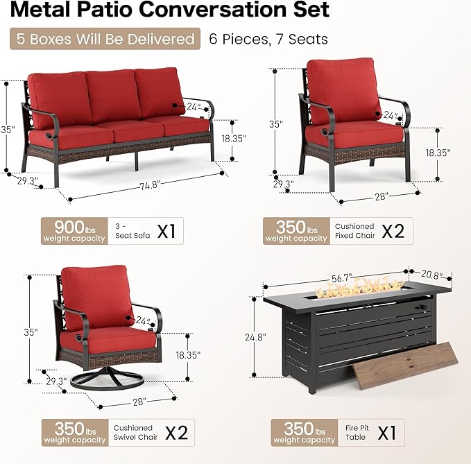 SUNSHINE VALLEY 6 Piece Metal Outdoor Patio Furniture Sets with Firepit Table, Patio Conversation Sets 1 3-Seater Sofa, 2 Leg Sofa and 2 Swivel Chair with 5.75" Cushion for Backyard Deck, Rust Red
