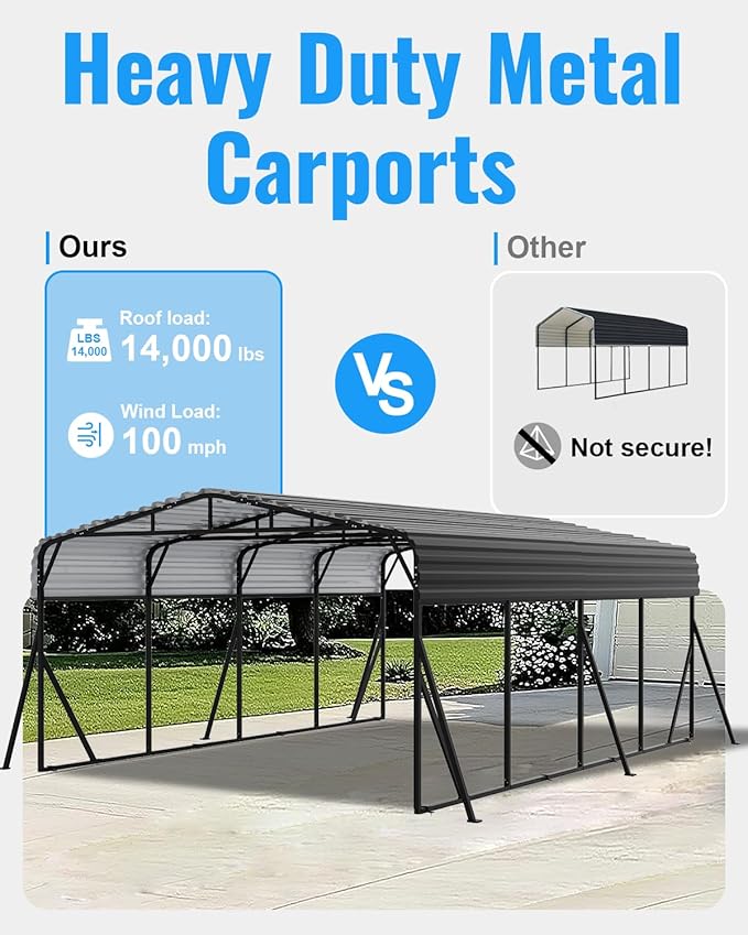 20X20FT Heavy Duty Carport, Metal Carport with Reinforced Frame & Side Support Poles for All-Weather, Large Outdoor Car Port Suitable for Parking Pickup, Boat, Car, and Tractor
