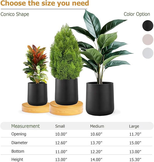 15.3"H x 15"D Conico Fiberstone Round Planter - Christmas Tree Planter, Smooth Finishes, Weather Resistant for Indoor and Outdoor Use, Included 2 Extra Coco Mats (Black, 11.7" Pot Opening)
