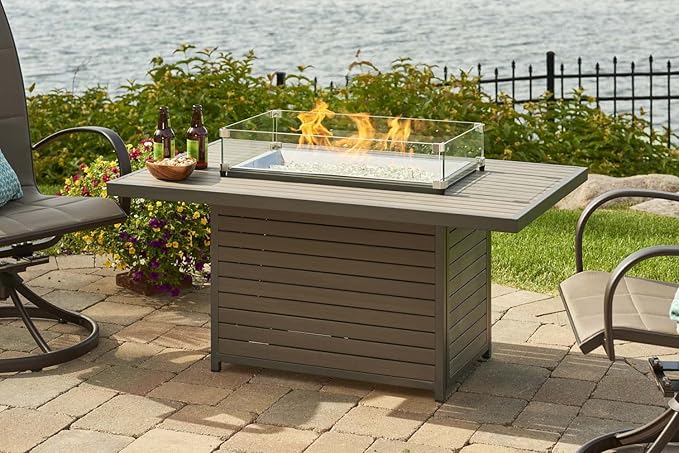 Outdoor GreatRoom Co Propane Fire Pit Table - Brooks Gas Fire Pits for Outside Patio - 50 Inch Composite Decking Firepit Fire Table with Glass Tabletop Cover, Clear Gems, 55,000 BTU - Brown