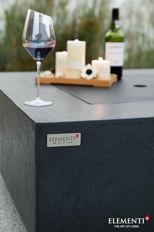 Elementi+ | Bundle Bergen Gas Fire Pit Cast Concrete 40" Square Fire Table, Outdoor Fire Pit Electronic Ignition | Canvas Cover, Fire Glass and Burner Lid Included | Dark Gray | Natural Gas
