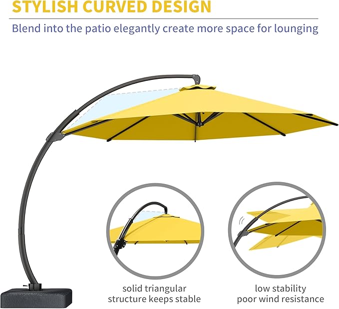 Kingdura 11ft Cantilever Patio Umbrella with Base Included, Large Round Offset Outdoor Pool Umbrella, 360° Rotation & Infinite Tilt, Heavy Duty Aluminum Frame for Deck Backyard, Yellow