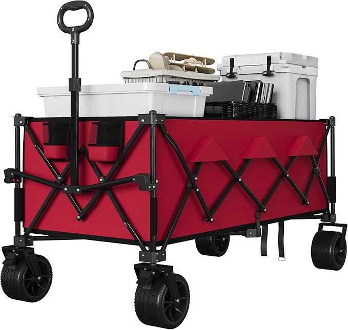 52" Foldable Wagon for Beach with 460LBS Weight Capacity, Heavy Duty 350L Extra Large Collapsible Foldable Wagon for Camping, All Terrain Beach Wagons Extended with Cup Holders for Sand