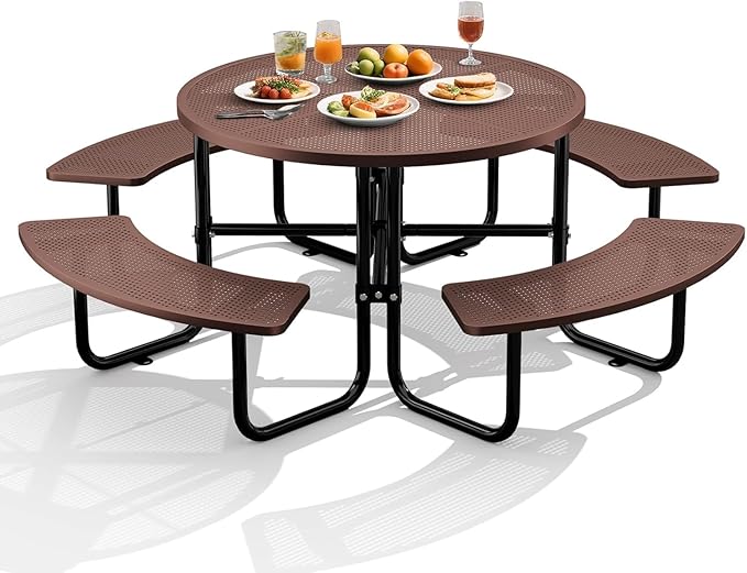 KUFUH 46" Coated Round Metal Picnic Table for 4-8 Person, Durable Heavy Duty Commercial Picnic Table with Umbrella Hole for Outdoor Coffee Shop, School, Easy to Install, Brown