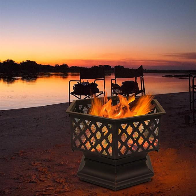 Outdoor Hex-Shaped Fire Pit, Portable Wood Burning Firepit for Outside, 22 Inch Metal Bonfire Fire Pits with Mesh Lid and Poker for Backyard Heating, Garden, Patio, Beach, Poolside, Picnic, Camping