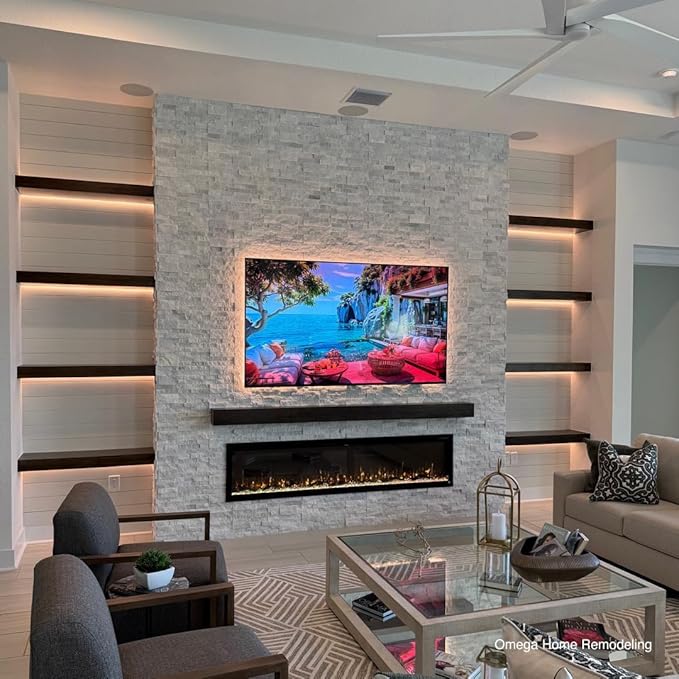 Touchstone Sideline Elite Smart 84” WiFi-Enabled Electric Fireplace - 80050 - in-Wall Recessed - 60 Color Combinations - 1,500W Heater - Black - Log, Crystals & Driftwood